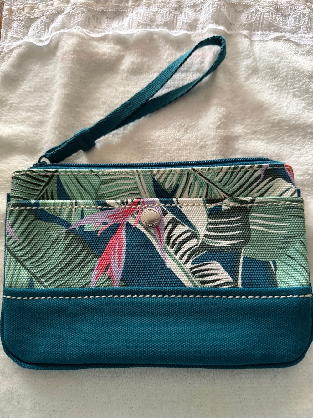 Teal Tropical Leaf Wristlet Clutch
